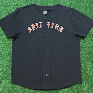 Vintage Spitfire Wheels Old English Black Baseball Jersey Sz Large Double Sided